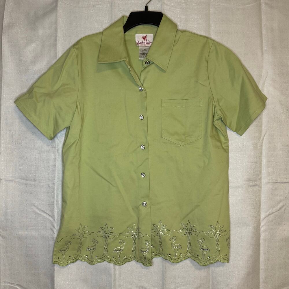 Quacker Factory Green Flamingo Palm Rhinestone Shirt Medium Short Sleeve